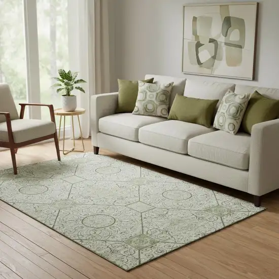 Artichoke Green And Ivory Geometric Washable Area Rug With UV Protection Photo 2