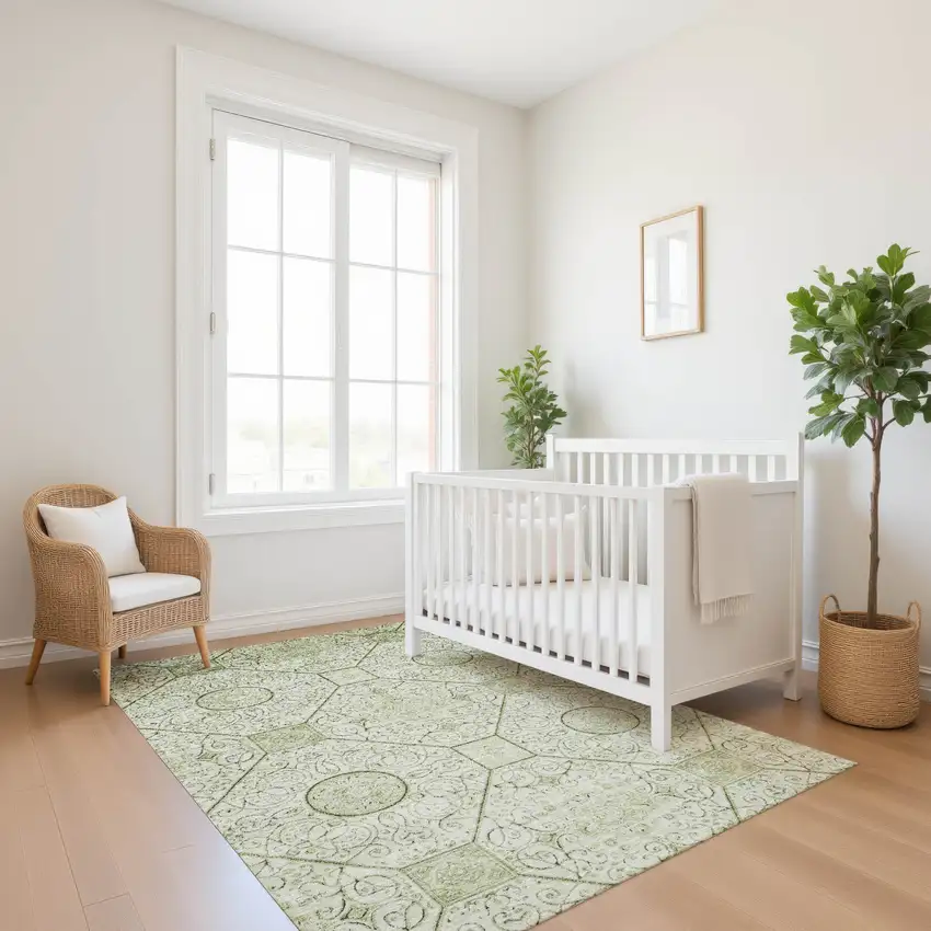 Artichoke Green And Ivory Geometric Washable Area Rug With UV Protection Photo 5