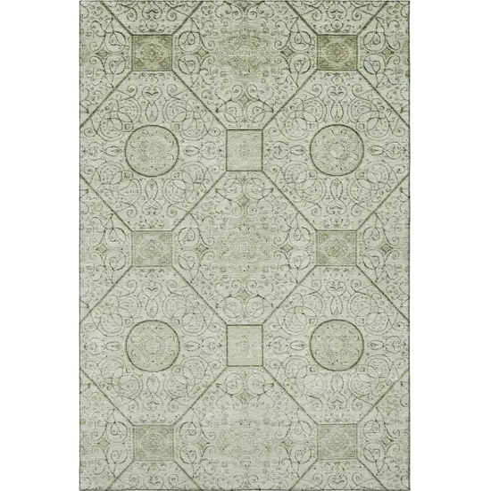 Artichoke Green And Ivory Geometric Washable Area Rug With UV Protection Photo 3