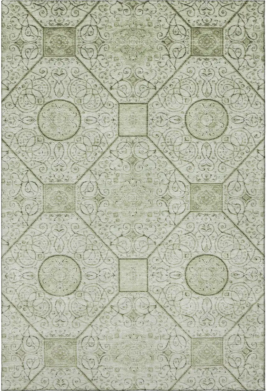 Artichoke Green And Ivory Geometric Washable Area Rug With UV Protection Photo 3