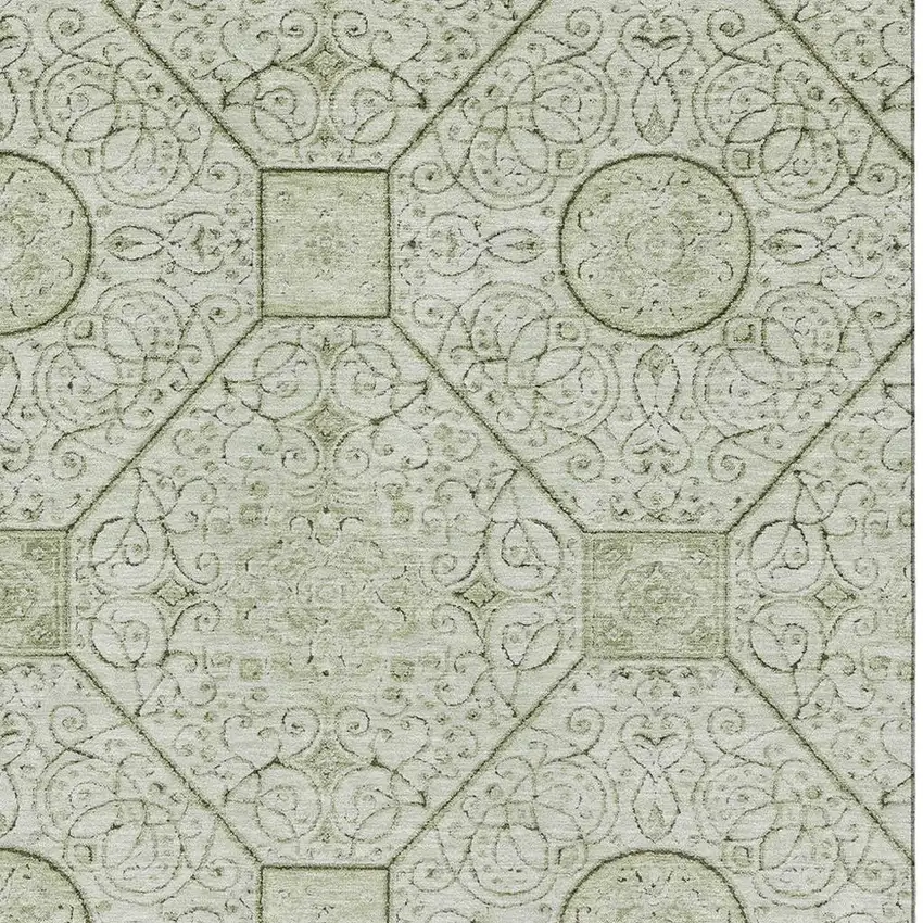 Artichoke Green And Ivory Geometric Washable Area Rug With UV Protection Photo 2