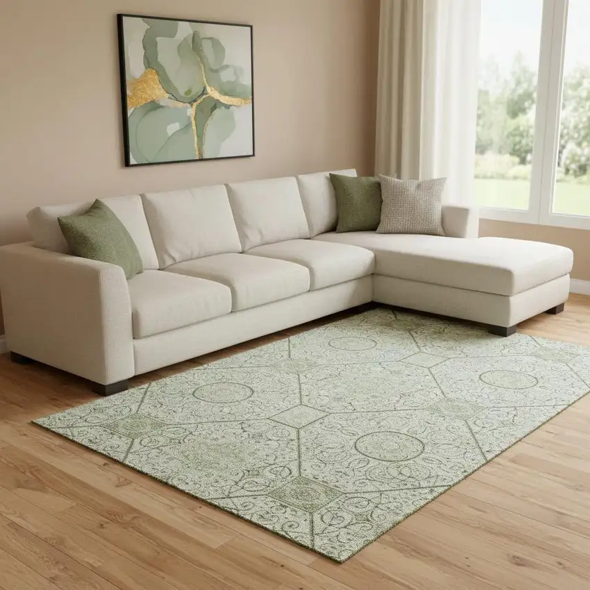 Artichoke Green And Ivory Geometric Washable Area Rug With UV Protection Photo 2