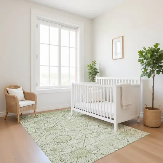 Artichoke Green And Ivory Geometric Washable Area Rug With UV Protection Photo 5