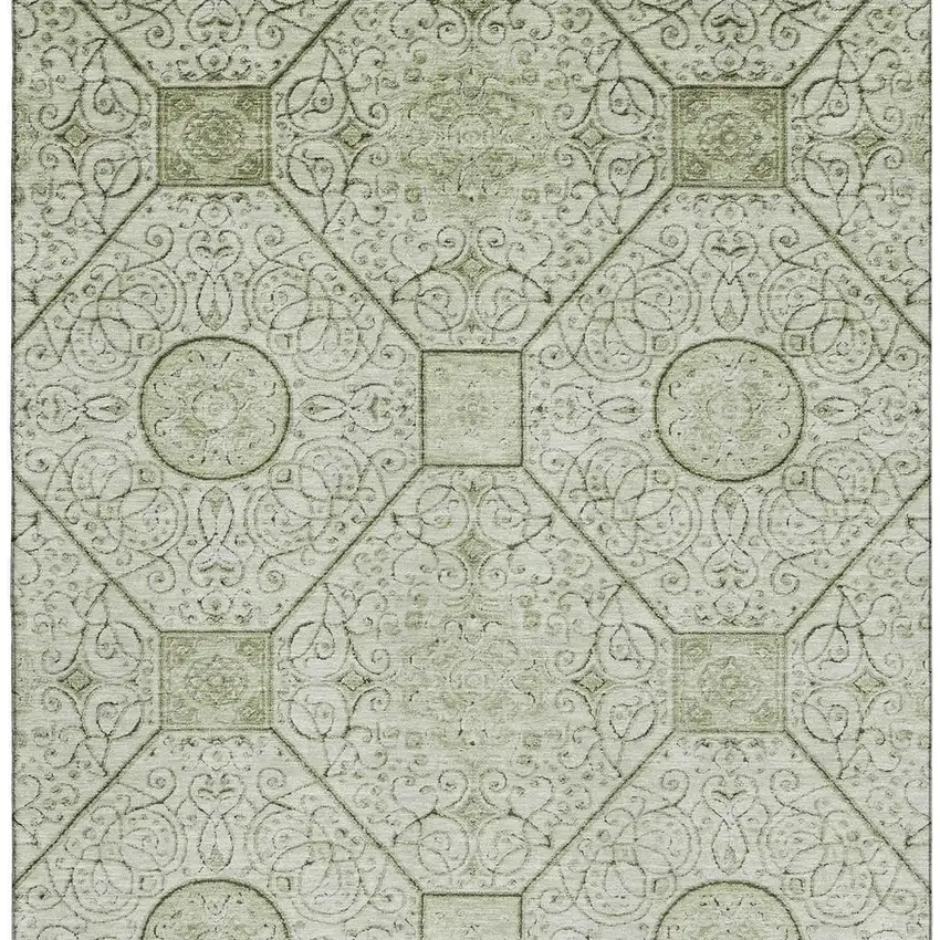 Artichoke Green And Ivory Geometric Washable Area Rug With UV Protection Photo 3