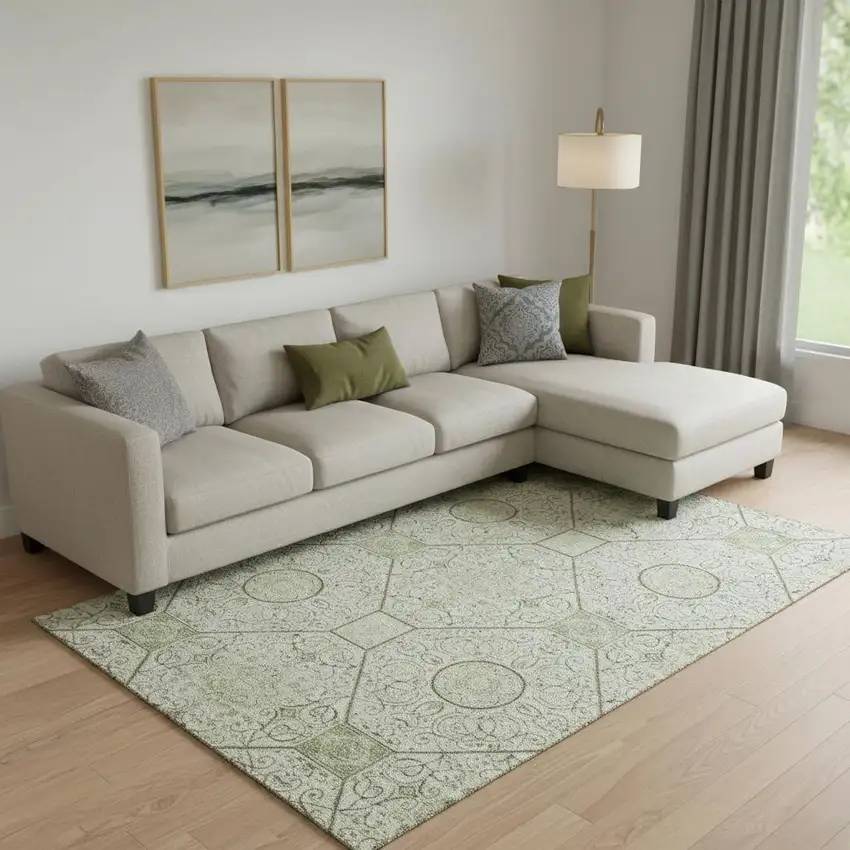 Artichoke Green And Ivory Geometric Washable Area Rug With UV Protection Photo 2