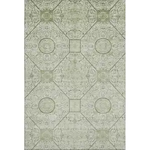 Photo of Artichoke Green And Ivory Geometric Washable Area Rug With UV Protection