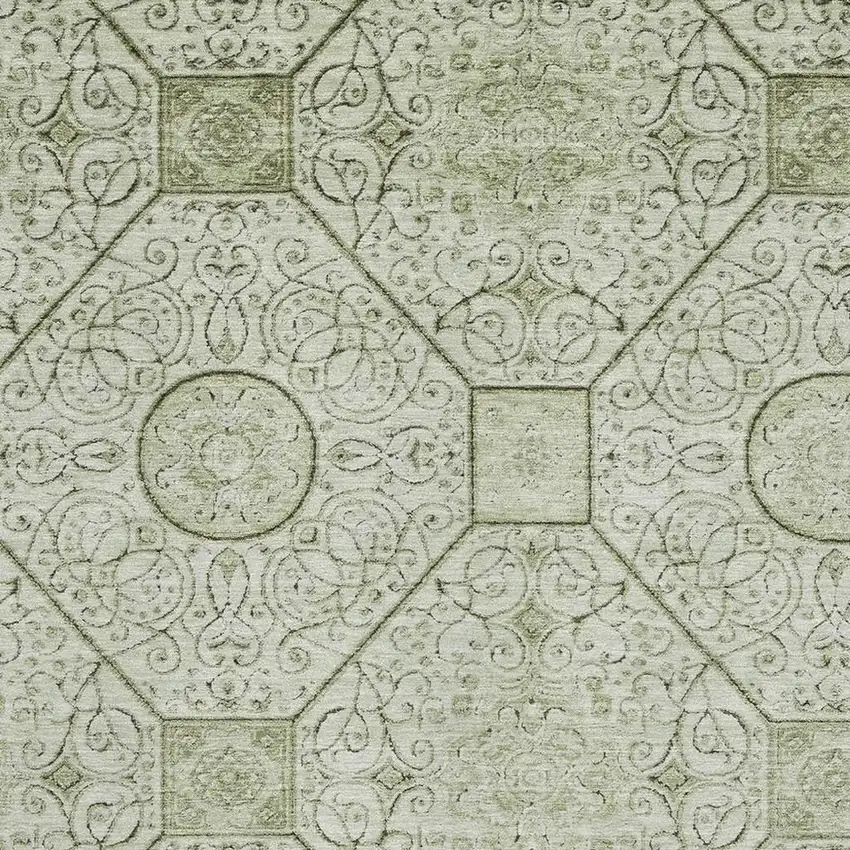 Artichoke Green And Ivory Geometric Washable Area Rug With UV Protection Photo 2