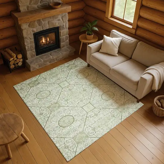 Artichoke Green And Ivory Geometric Washable Area Rug With UV Protection Photo 4