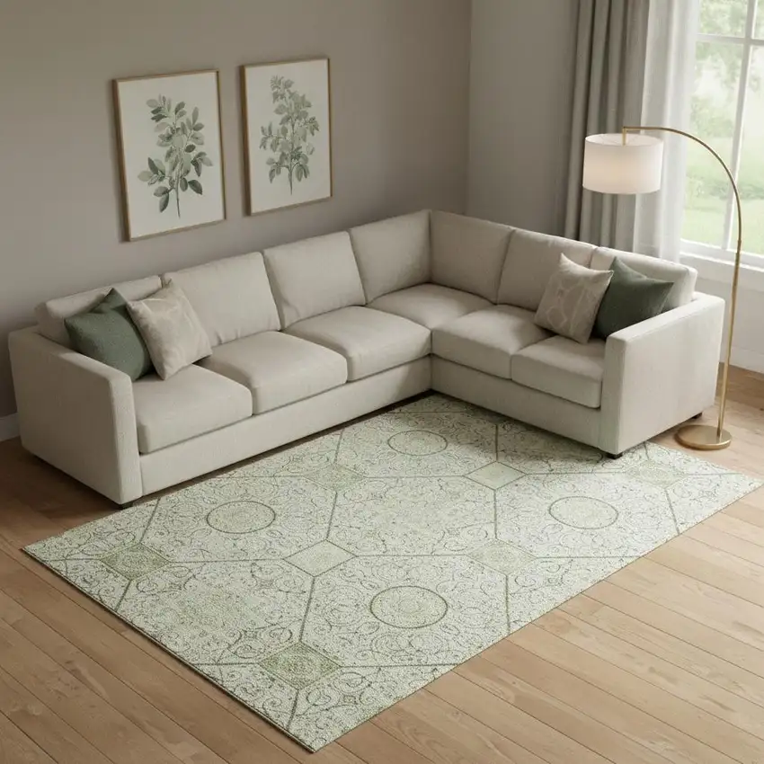 Artichoke Green And Ivory Geometric Washable Area Rug With UV Protection Photo 2