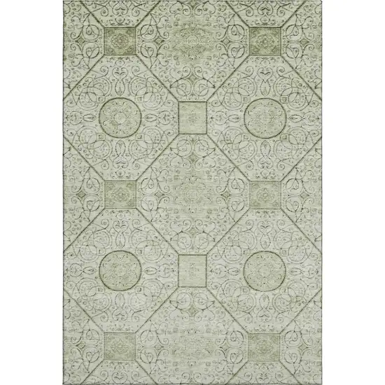 Artichoke Green And Ivory Geometric Washable Area Rug With UV Protection Photo 1