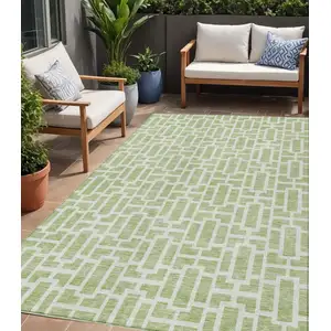 Photo of Artichoke Green And Ivory Geometric Washable Indoor Outdoor Area Rug