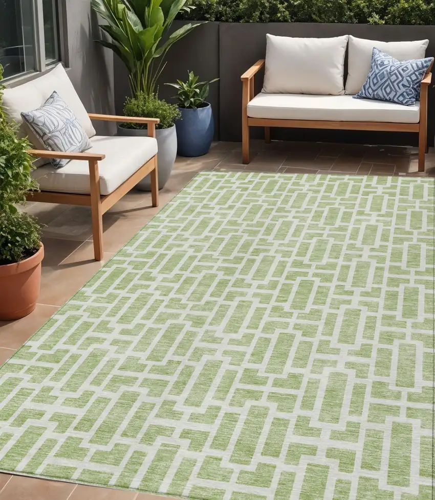 Artichoke Green And Ivory Geometric Washable Indoor Outdoor Area Rug Photo 1