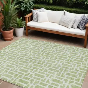 Photo of Artichoke Green And Ivory Geometric Washable Indoor Outdoor Area Rug