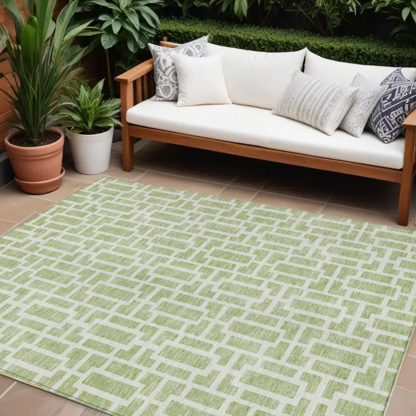 Artichoke Green And Ivory Geometric Washable Indoor Outdoor Area Rug Photo 1