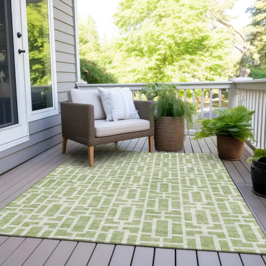 Artichoke Green And Ivory Geometric Washable Indoor Outdoor Area Rug Photo 8