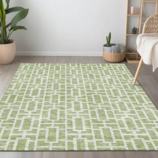 Artichoke Green And Ivory Geometric Washable Indoor Outdoor Area Rug Photo 9