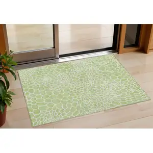 Photo of Artichoke Green And Ivory Geometric Washable Indoor Outdoor Area Rug