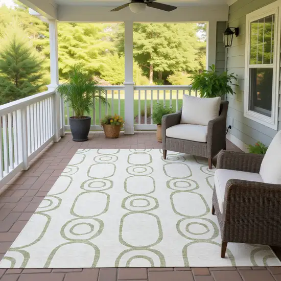 Artichoke Green And Ivory Geometric Washable Indoor Outdoor Area Rug Photo 9