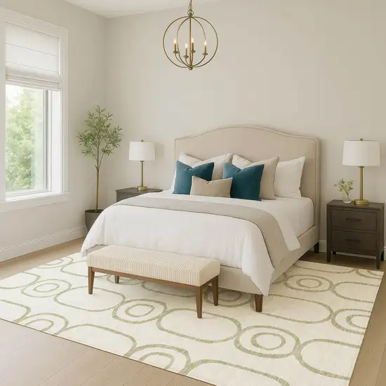 Artichoke Green And Ivory Geometric Washable Indoor Outdoor Area Rug Photo 7