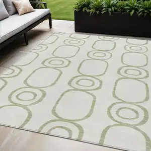Photo of Artichoke Green And Ivory Geometric Washable Indoor Outdoor Area Rug
