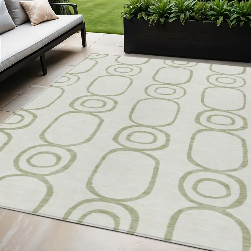 Artichoke Green And Ivory Geometric Washable Indoor Outdoor Area Rug Photo 1