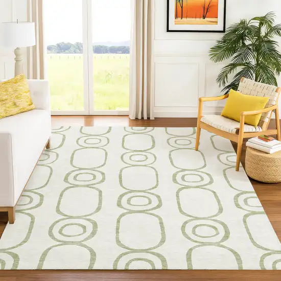 Artichoke Green And Ivory Geometric Washable Indoor Outdoor Area Rug Photo 8