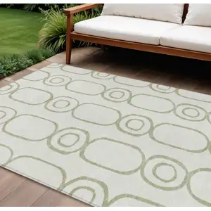 Photo of Artichoke Green And Ivory Geometric Washable Indoor Outdoor Area Rug