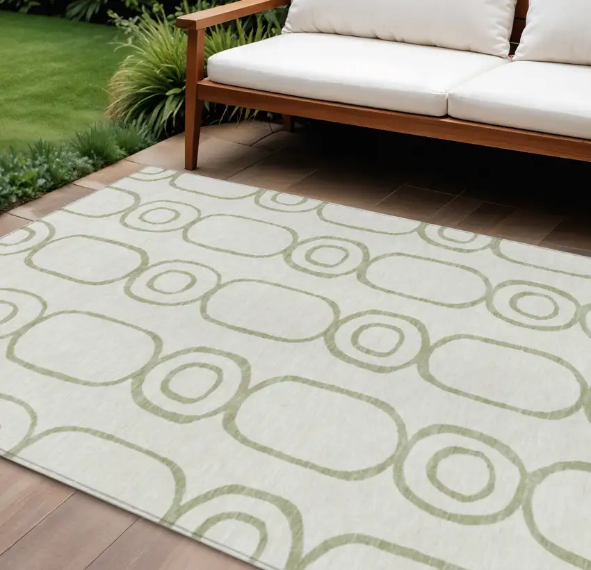 Artichoke Green And Ivory Geometric Washable Indoor Outdoor Area Rug Photo 1