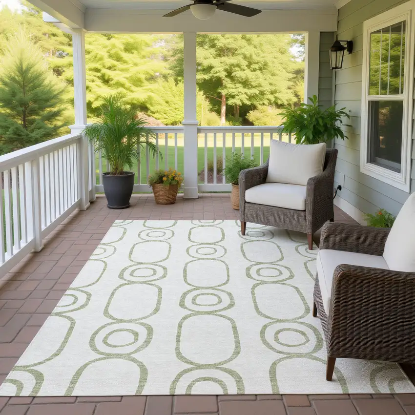 Artichoke Green And Ivory Geometric Washable Indoor Outdoor Area Rug Photo 9