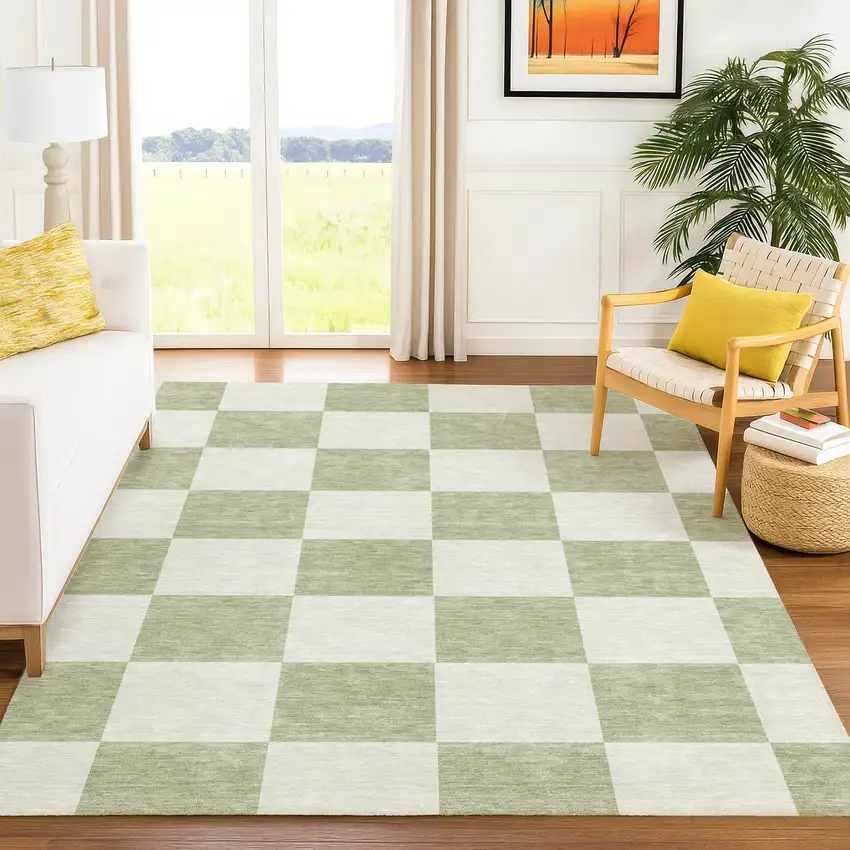 Artichoke Green And Ivory Geometric Washable Indoor Outdoor Area Rug Photo 9