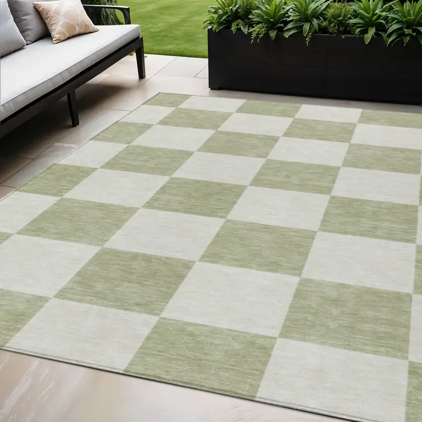 Artichoke Green And Ivory Geometric Washable Indoor Outdoor Area Rug Photo 1