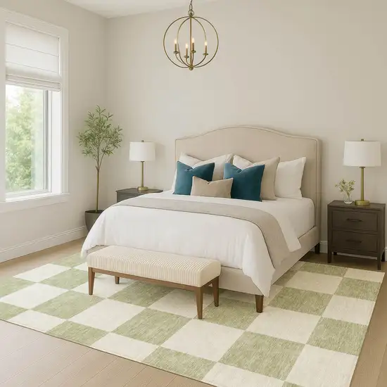 Artichoke Green And Ivory Geometric Washable Indoor Outdoor Area Rug Photo 6