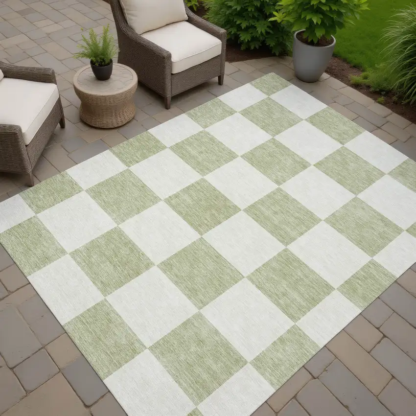 Artichoke Green And Ivory Geometric Washable Indoor Outdoor Area Rug Photo 4