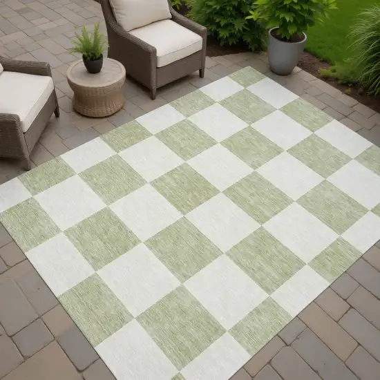Artichoke Green And Ivory Geometric Washable Indoor Outdoor Area Rug Photo 5