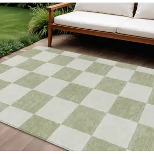 Photo of Artichoke Green And Ivory Geometric Washable Indoor Outdoor Area Rug