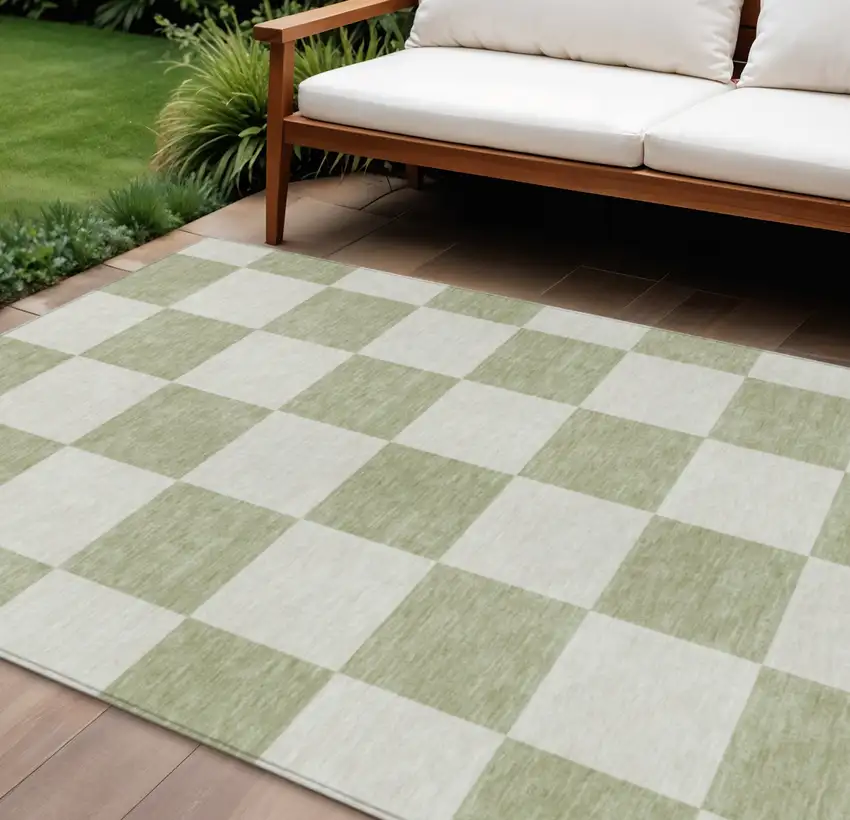 Artichoke Green And Ivory Geometric Washable Indoor Outdoor Area Rug Photo 1