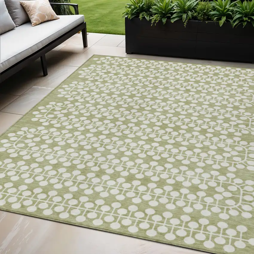 Artichoke Green And Ivory Geometric Washable Indoor Outdoor Area Rug Photo 1