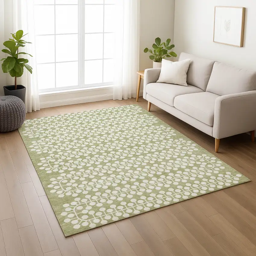 Artichoke Green And Ivory Geometric Washable Indoor Outdoor Area Rug Photo 7