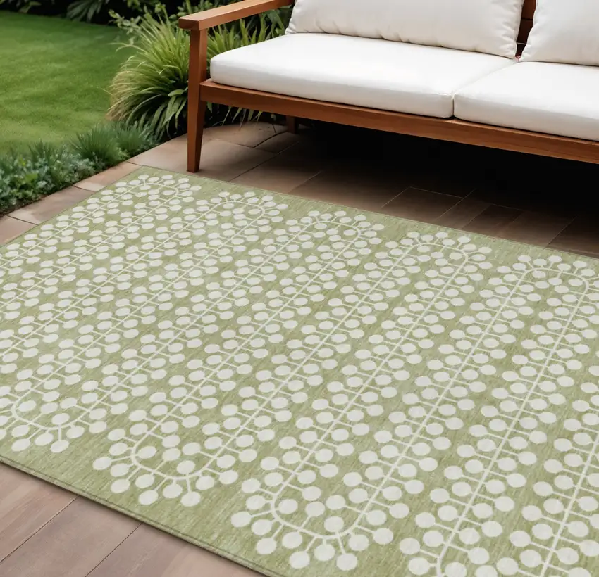 Artichoke Green And Ivory Geometric Washable Indoor Outdoor Area Rug Photo 1