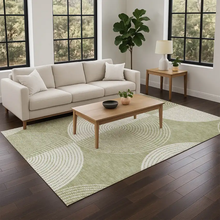 Artichoke Green And Ivory Geometric Washable Indoor Outdoor Area Rug Photo 7