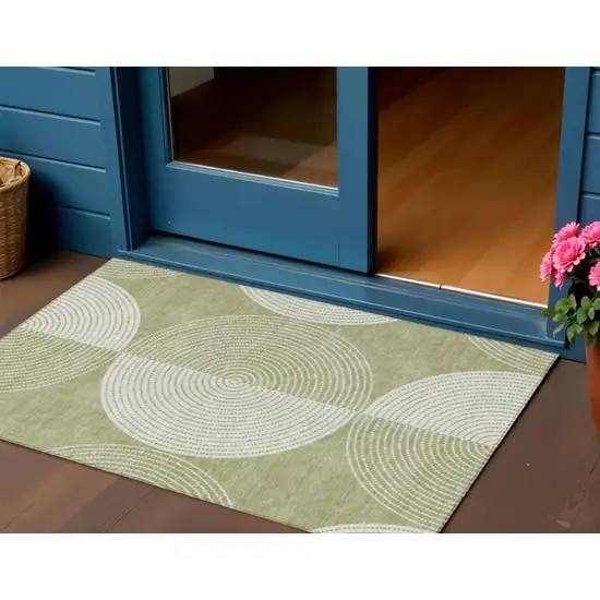 Artichoke Green And Ivory Geometric Washable Indoor Outdoor Area Rug Photo 1