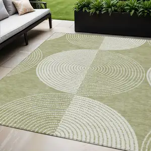 Photo of Artichoke Green And Ivory Geometric Washable Indoor Outdoor Area Rug