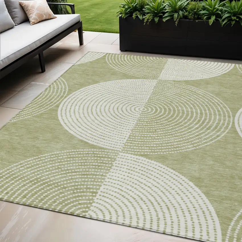 Artichoke Green And Ivory Geometric Washable Indoor Outdoor Area Rug Photo 1