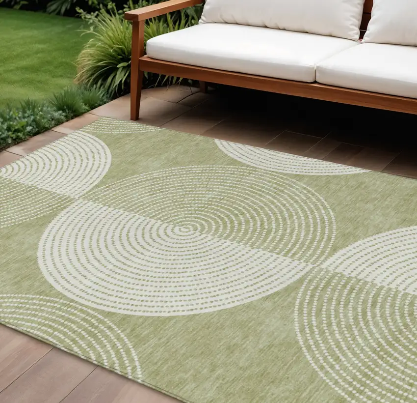 Artichoke Green And Ivory Geometric Washable Indoor Outdoor Area Rug Photo 1
