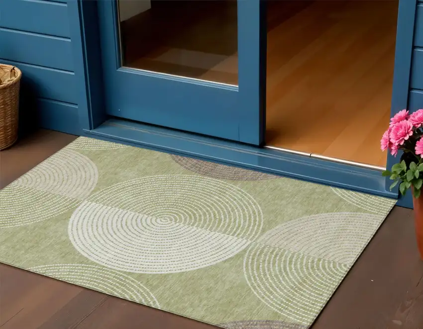 Artichoke Green And Ivory Geometric Washable Indoor Outdoor Area Rug Photo 1