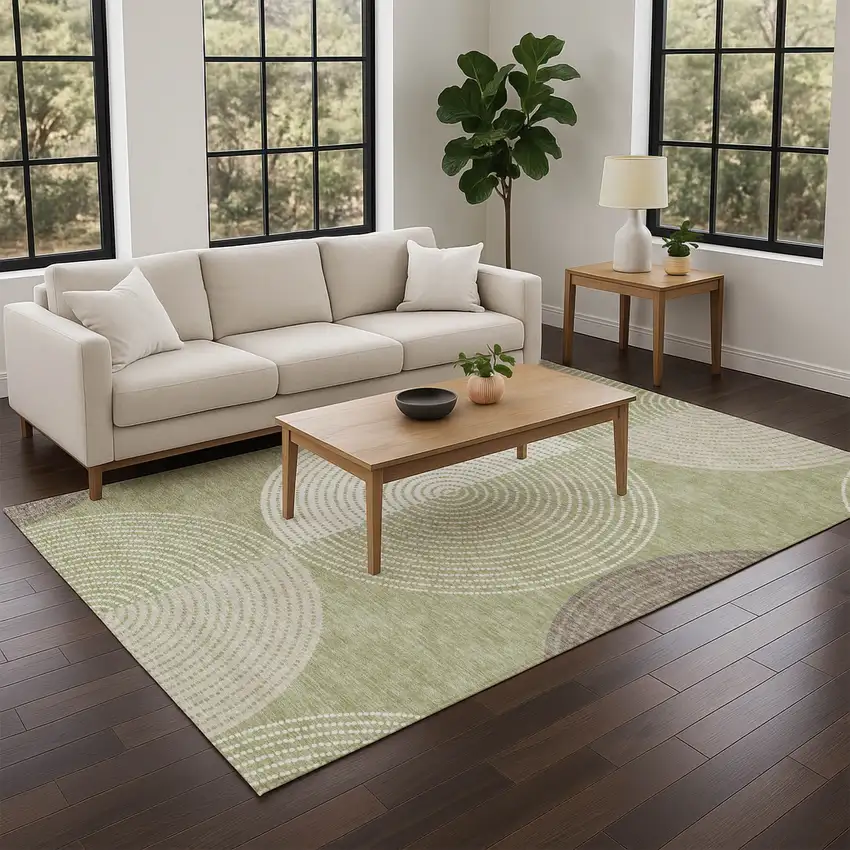 Artichoke Green And Ivory Geometric Washable Indoor Outdoor Area Rug Photo 8