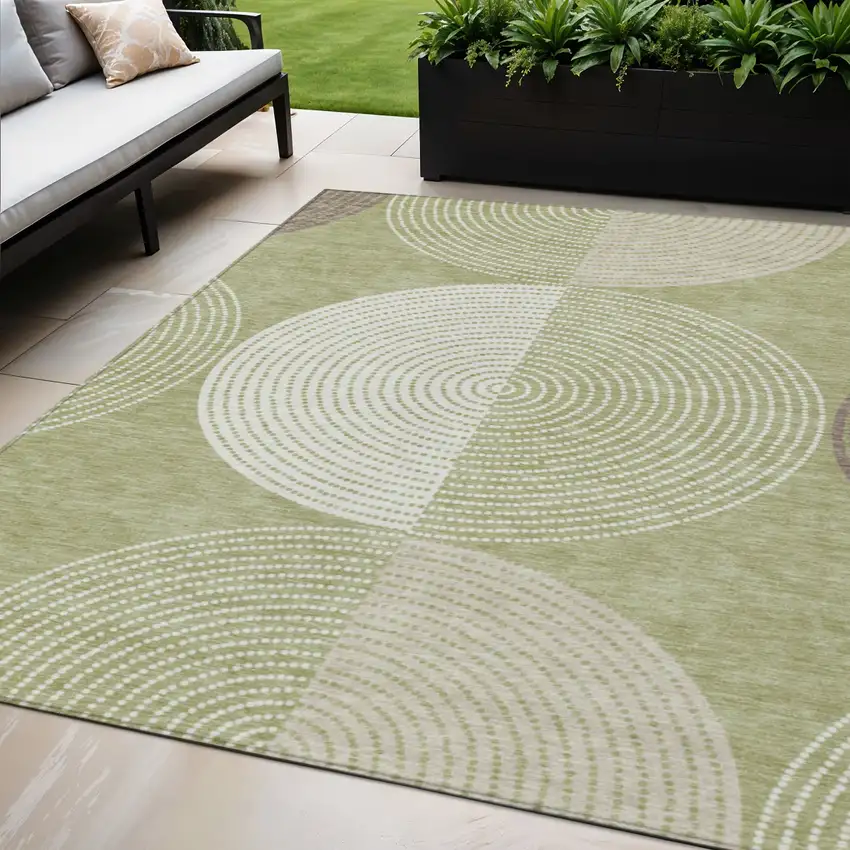 Artichoke Green And Ivory Geometric Washable Indoor Outdoor Area Rug Photo 1