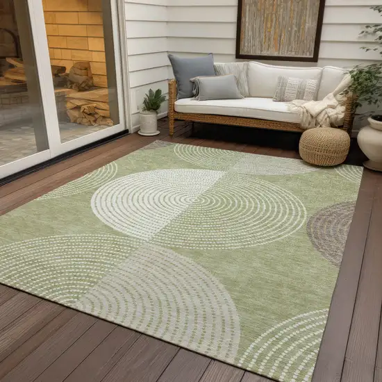 Artichoke Green And Ivory Geometric Washable Indoor Outdoor Area Rug Photo 9