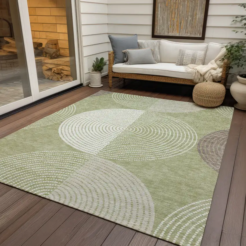 Artichoke Green And Ivory Geometric Washable Indoor Outdoor Area Rug Photo 9