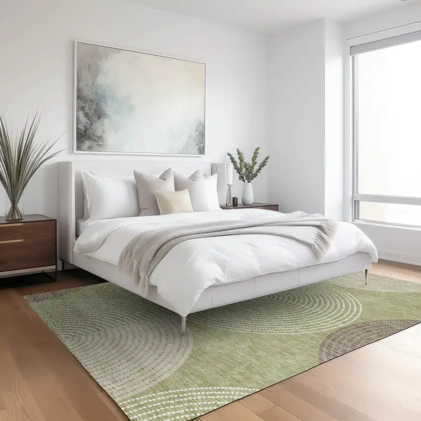 Artichoke Green And Ivory Geometric Washable Indoor Outdoor Area Rug Photo 9